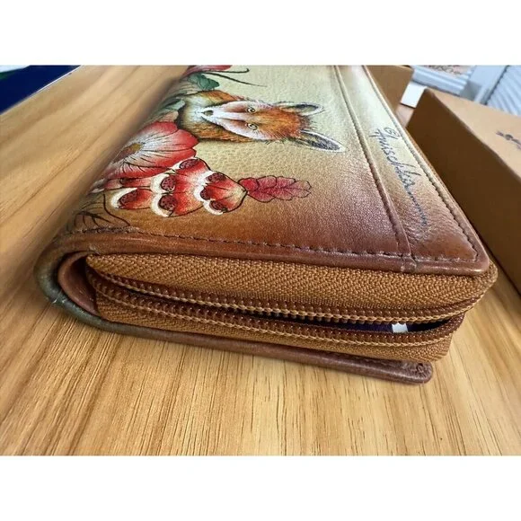 ANUSCHKA CURIOUS FOXES HAND-PAINTED LEATHER WALLET WITH RFID PROTECTION - NEW - Picture 5 of 5